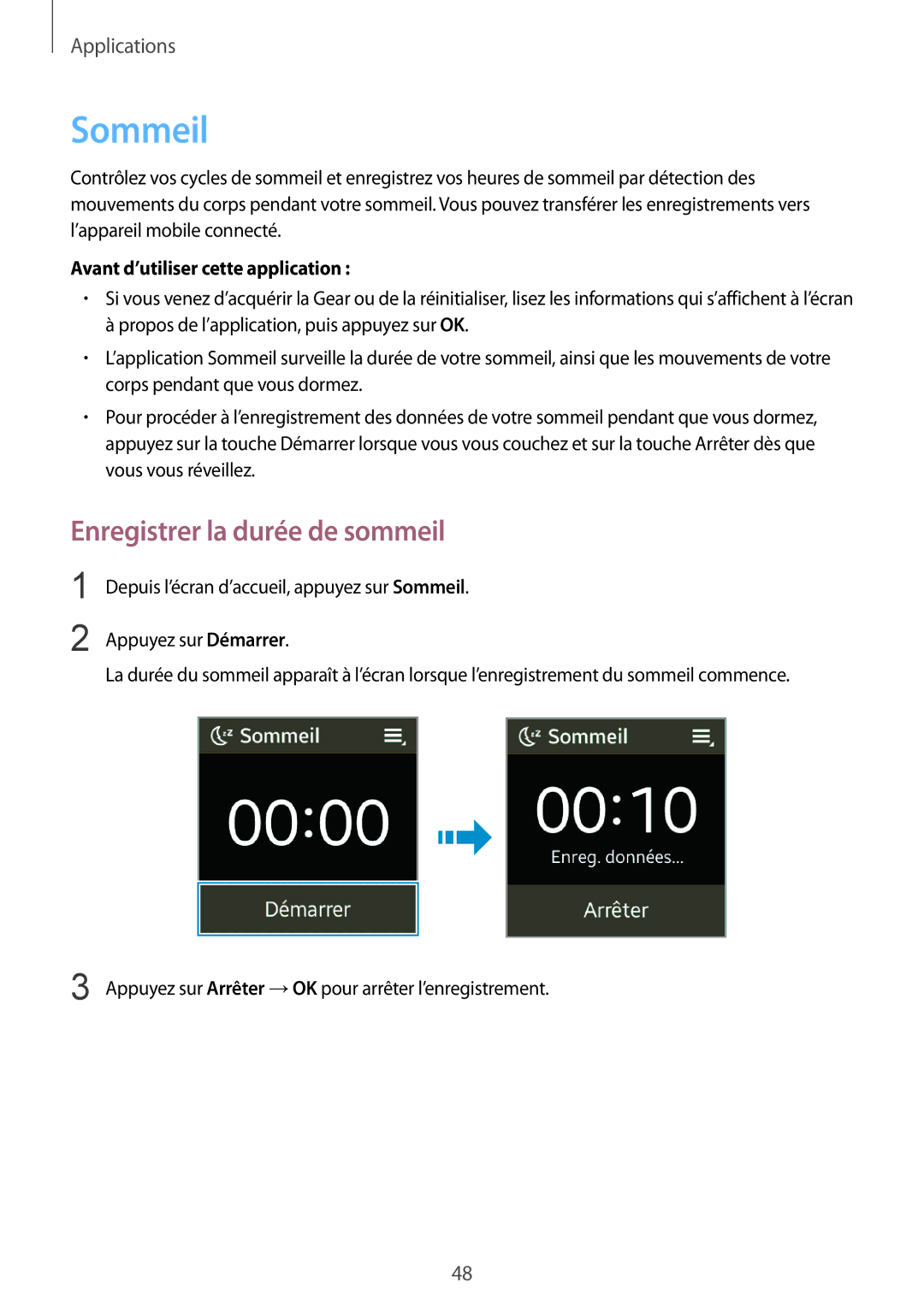 Samsung SM-V7000ZOAXEF, SM-V7000WDAXEF, SM-V7000ZGAXEF, SM-V7000ZWAXEF manual Sommeil, Enregistrer la durée de sommeil 