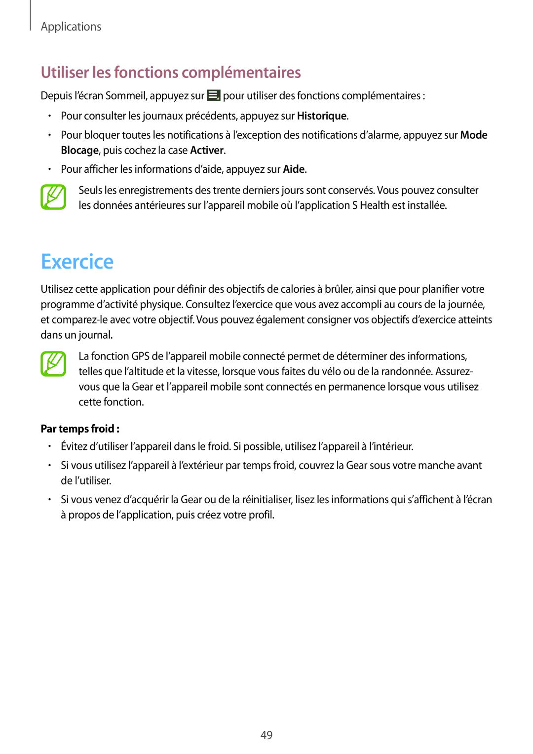 Samsung SM-V7000WDAXEF, SM-V7000ZOAXEF, SM-V7000ZGAXEF, SM-V7000ZWAXEF, SM-V7000ZKAXEF manual Exercice, Par temps froid 