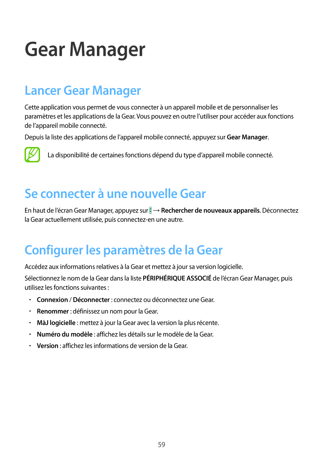 Samsung SM-V7000ZAAXEF manual Lancer Gear Manager, Se connecter à une nouvelle Gear, Configurer les paramètres de la Gear 