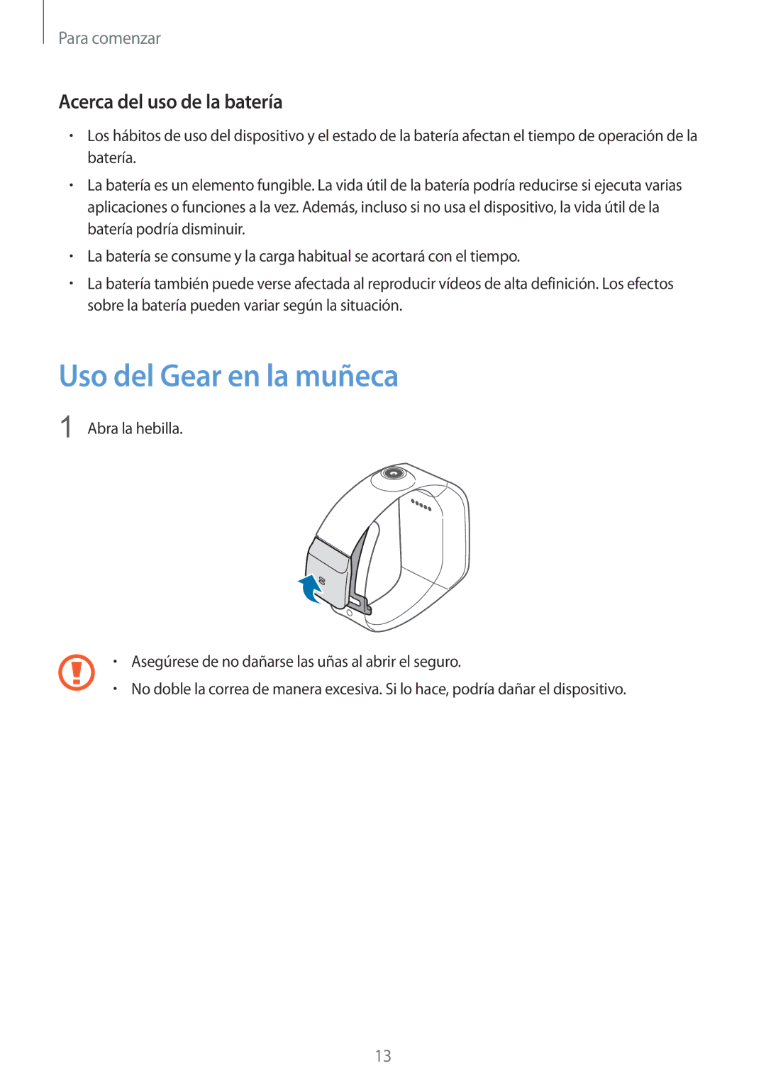 Samsung SM-V7000ZWAPHE, SM-V7000ZWADBT, SM-V7000ZKAXEO manual Uso del Gear en la muñeca, Acerca del uso de la batería 