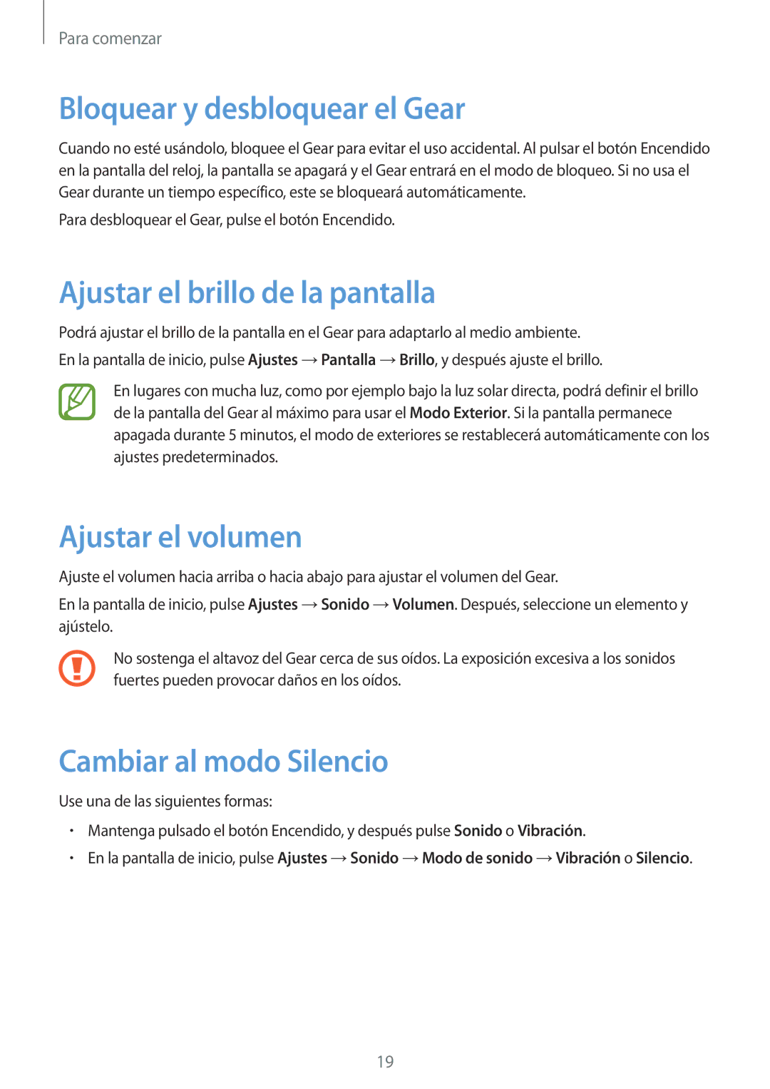 Samsung SM-V7000ZKAXEO manual Bloquear y desbloquear el Gear, Ajustar el brillo de la pantalla, Ajustar el volumen 