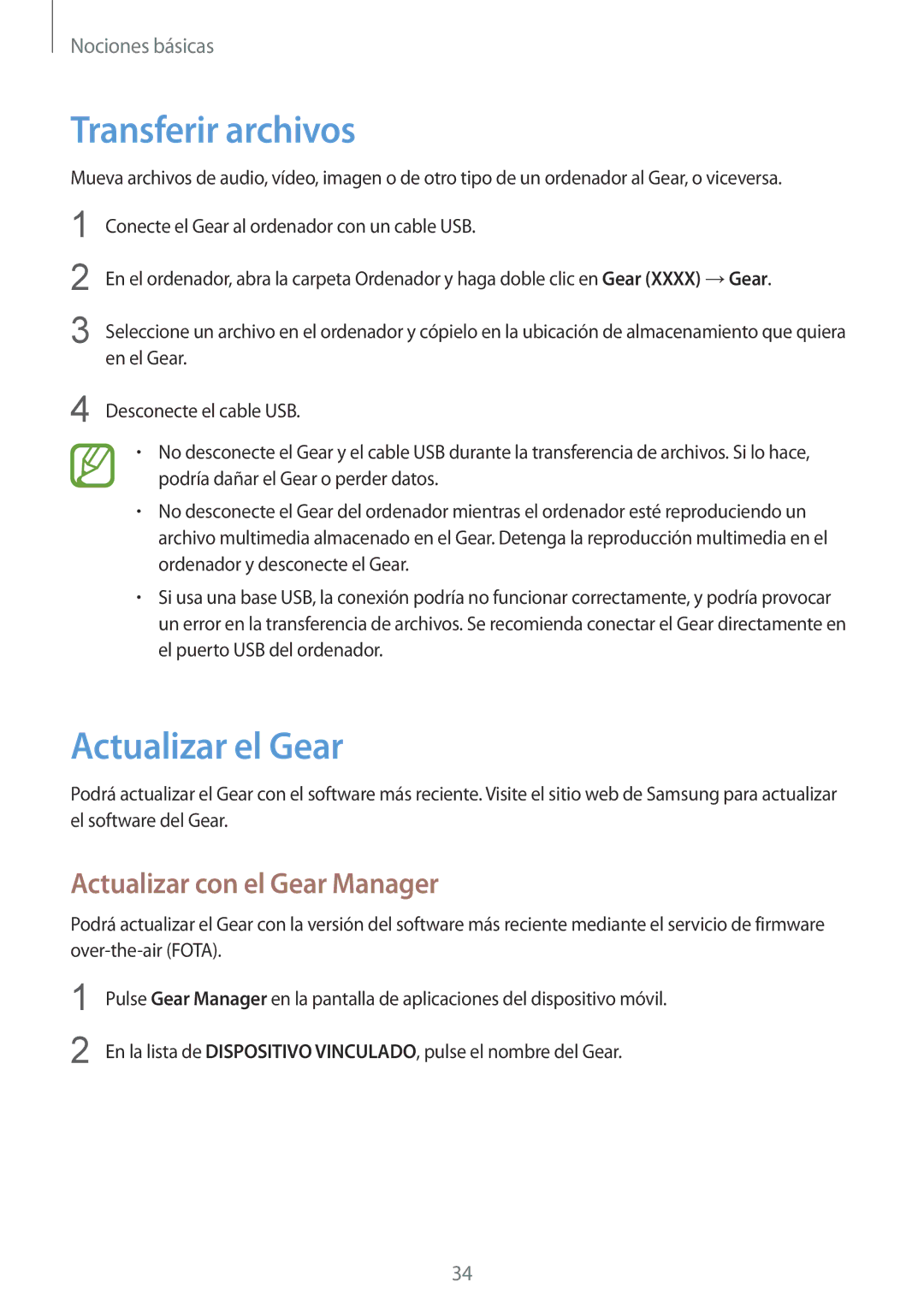 Samsung SM-V7000ZGAPHE, SM-V7000ZWADBT manual Transferir archivos, Actualizar el Gear, Actualizar con el Gear Manager 