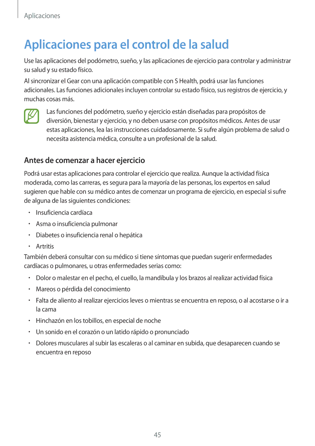 Samsung SM-V7000ZWADBT, SM-V7000ZKAXEO manual Aplicaciones para el control de la salud, Antes de comenzar a hacer ejercicio 