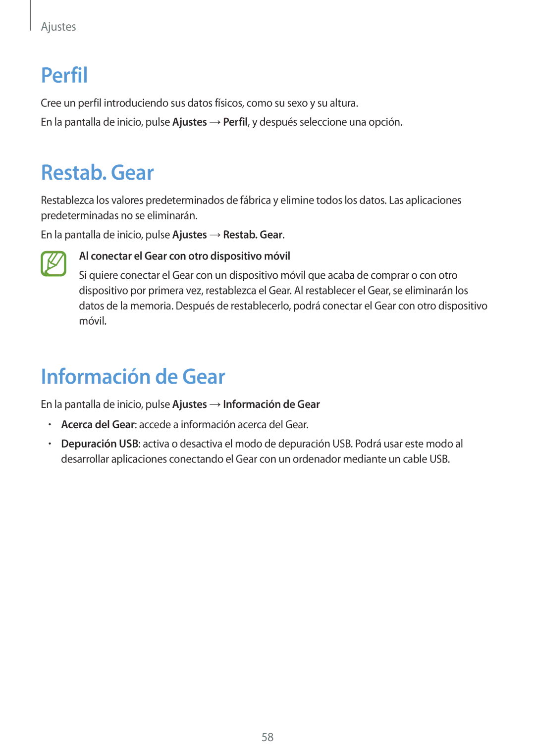 Samsung SM-V7000ZWAPHE, SM-V7000ZWADBT, SM-V7000ZKAXEO, SM-V7000ZKAPHE manual Perfil, Restab. Gear, Información de Gear 