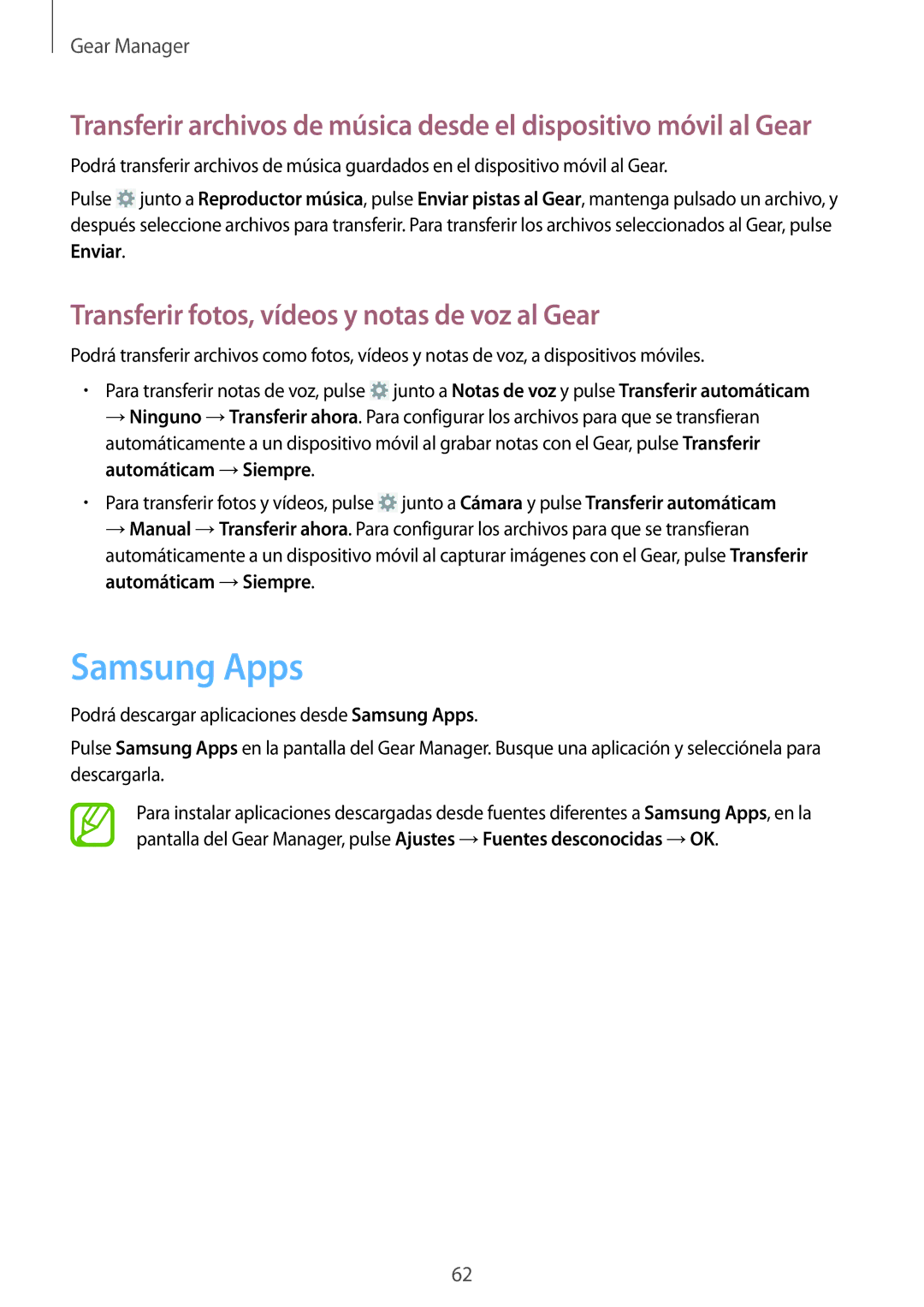 Samsung SM-V7000ZOAPHE, SM-V7000ZWADBT, SM-V7000ZKAXEO manual Samsung Apps, Transferir fotos, vídeos y notas de voz al Gear 