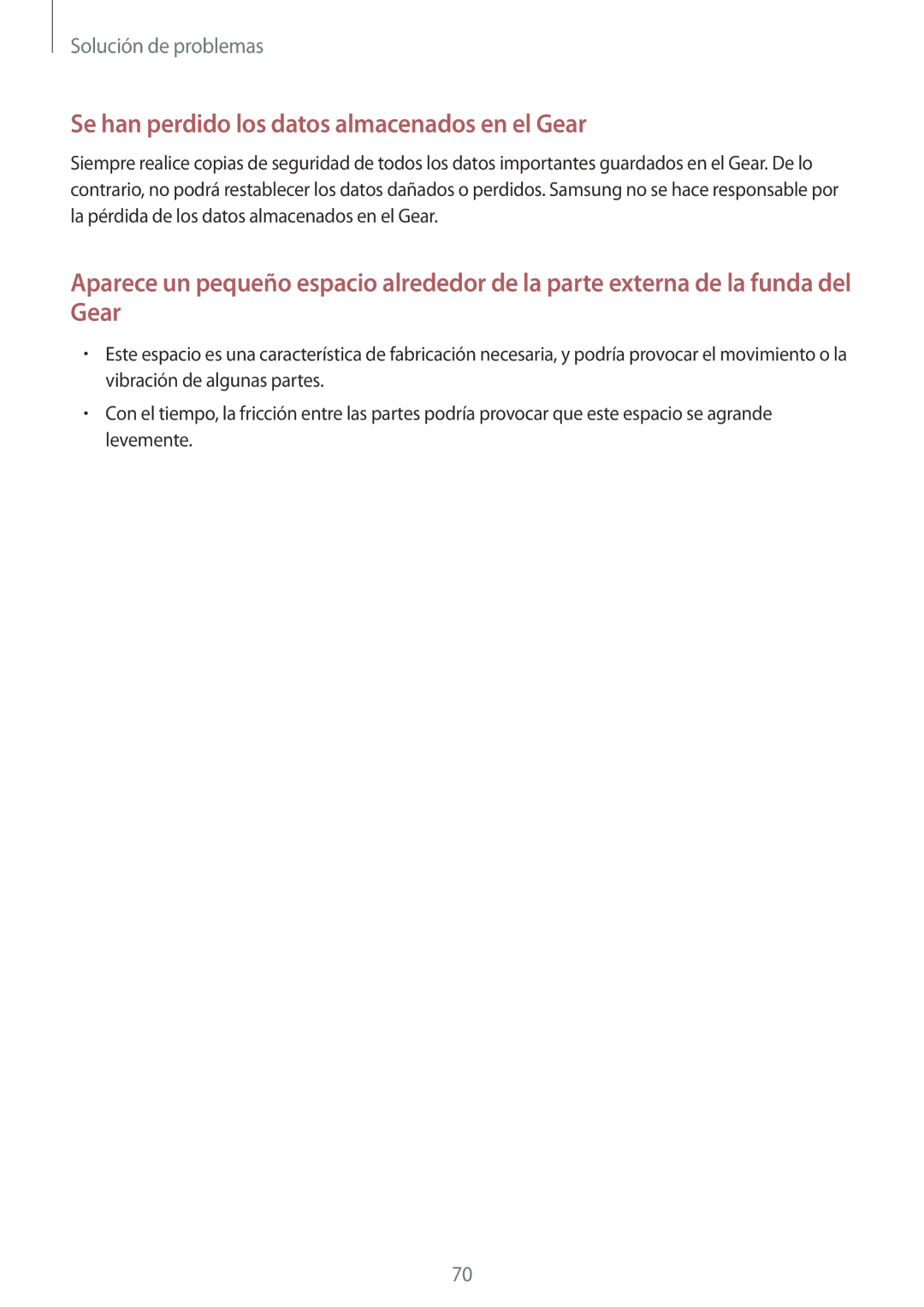 Samsung SM-V7000ZGAPHE, SM-V7000ZWADBT, SM-V7000ZKAXEO, SM-V7000ZKAPHE manual Se han perdido los datos almacenados en el Gear 