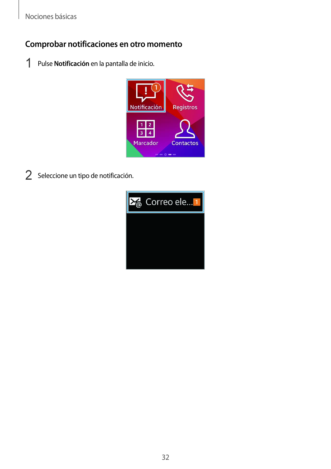 Samsung SM-V7000WDAPHE Comprobar notificaciones en otro momento, Nociones básicas, Seleccione un tipo de notificación 