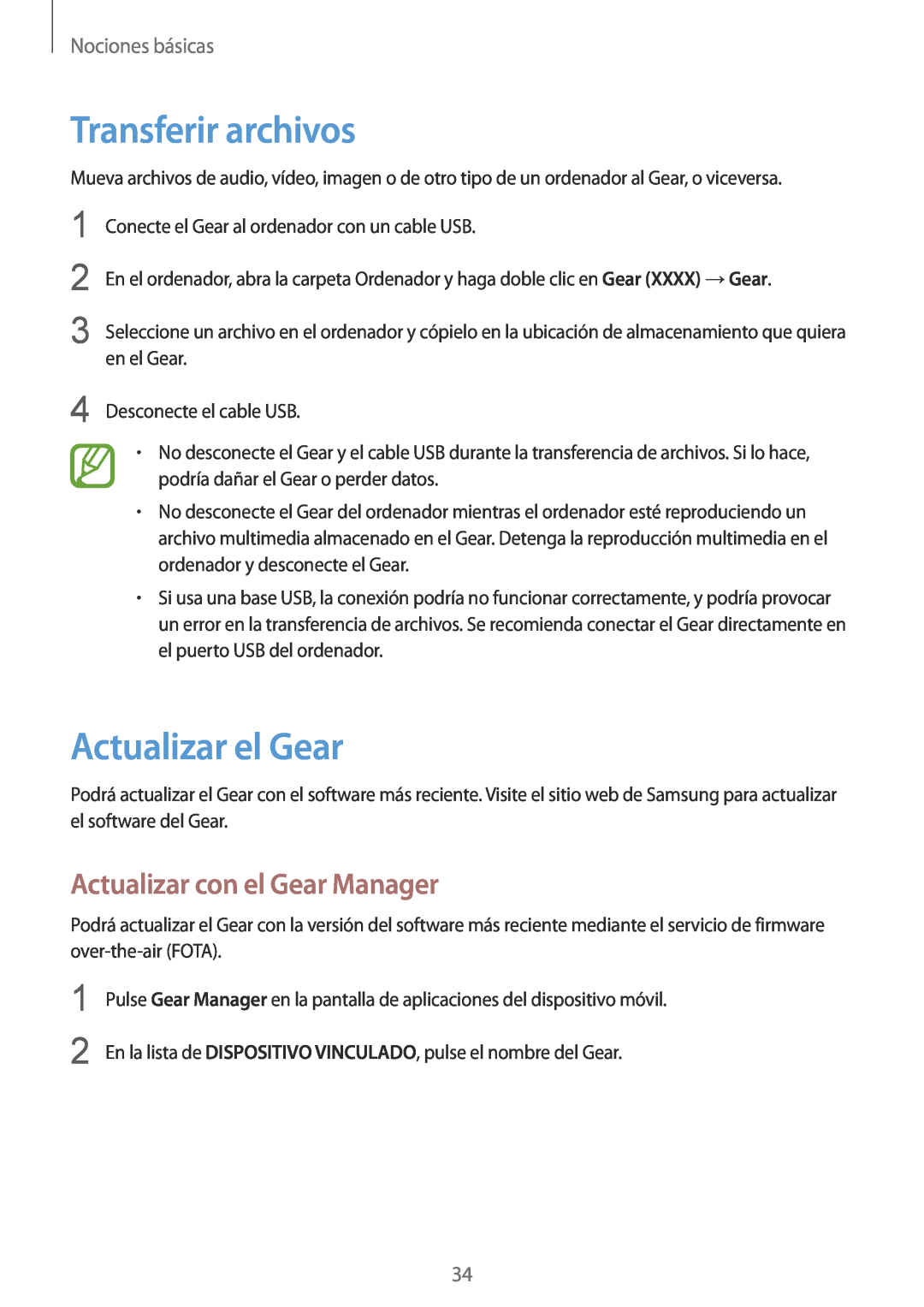 Samsung SM-V7000ZGAPHE manual Transferir archivos, Actualizar el Gear, Actualizar con el Gear Manager, Nociones básicas 