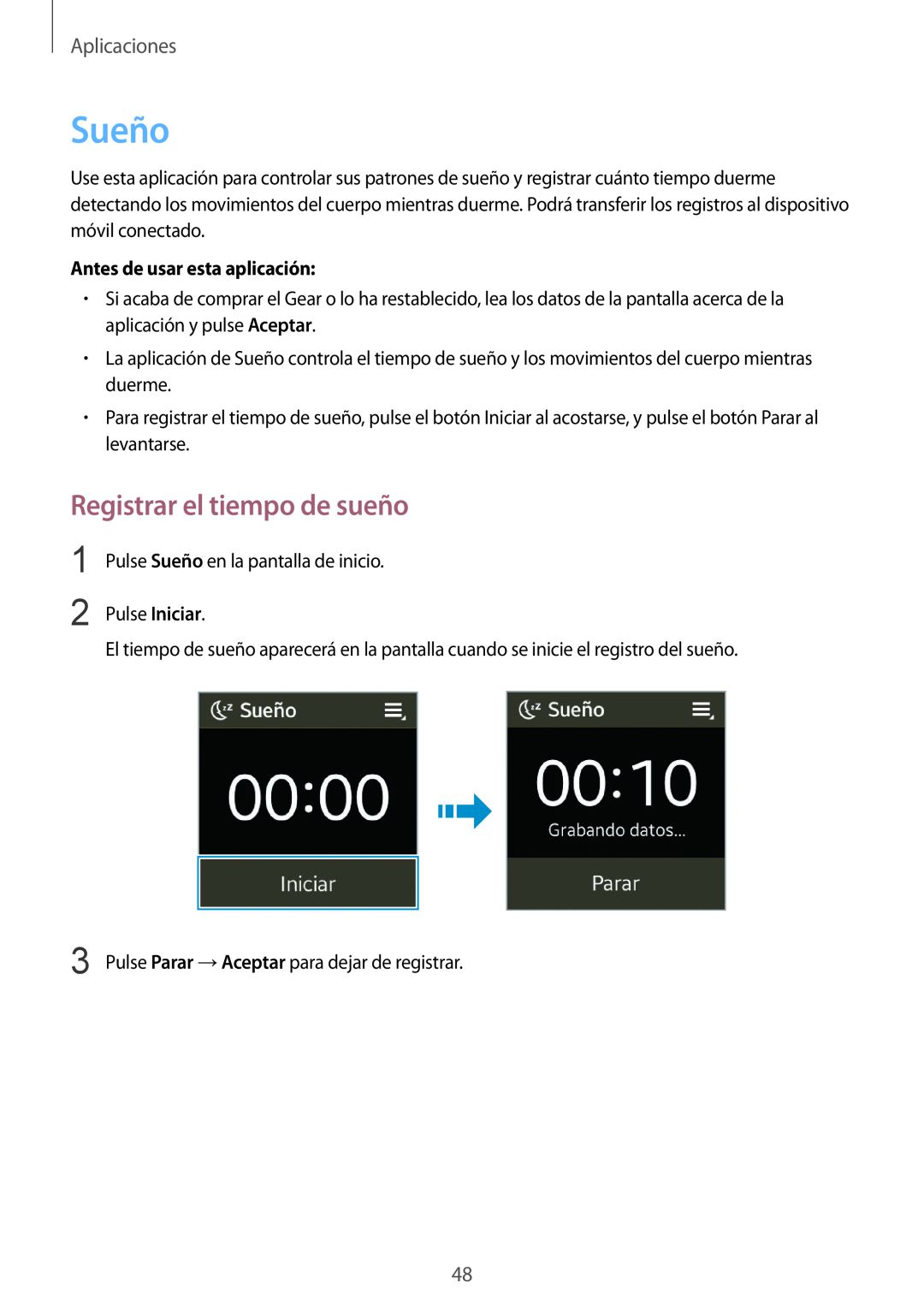 Samsung SM-V7000ZGAXEO, SM-V7000ZWADBT Sueño, Registrar el tiempo de sueño, Aplicaciones, Antes de usar esta aplicación 