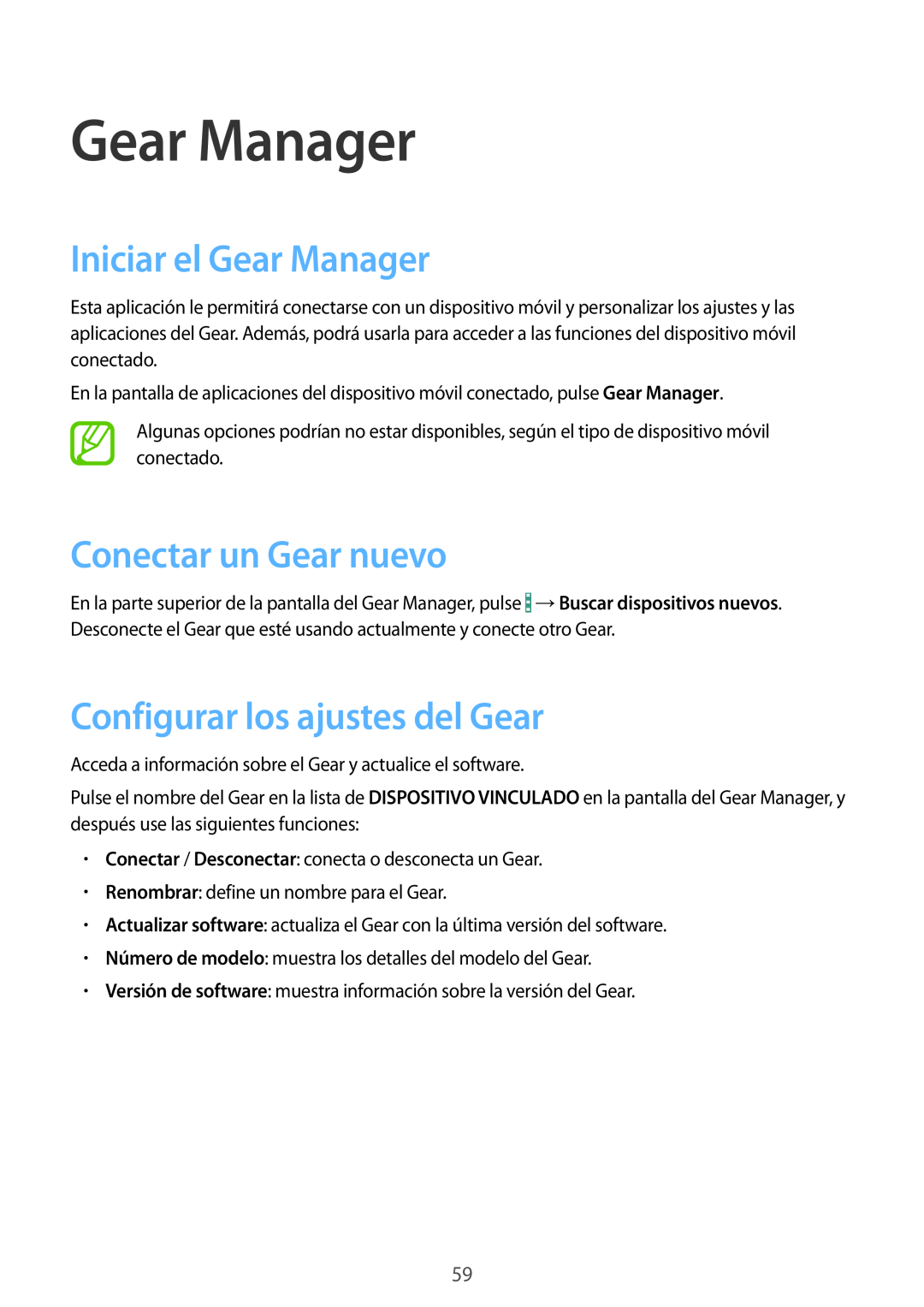 Samsung SM-V7000WDAPHE manual Iniciar el Gear Manager, Conectar un Gear nuevo, Configurar los ajustes del Gear 