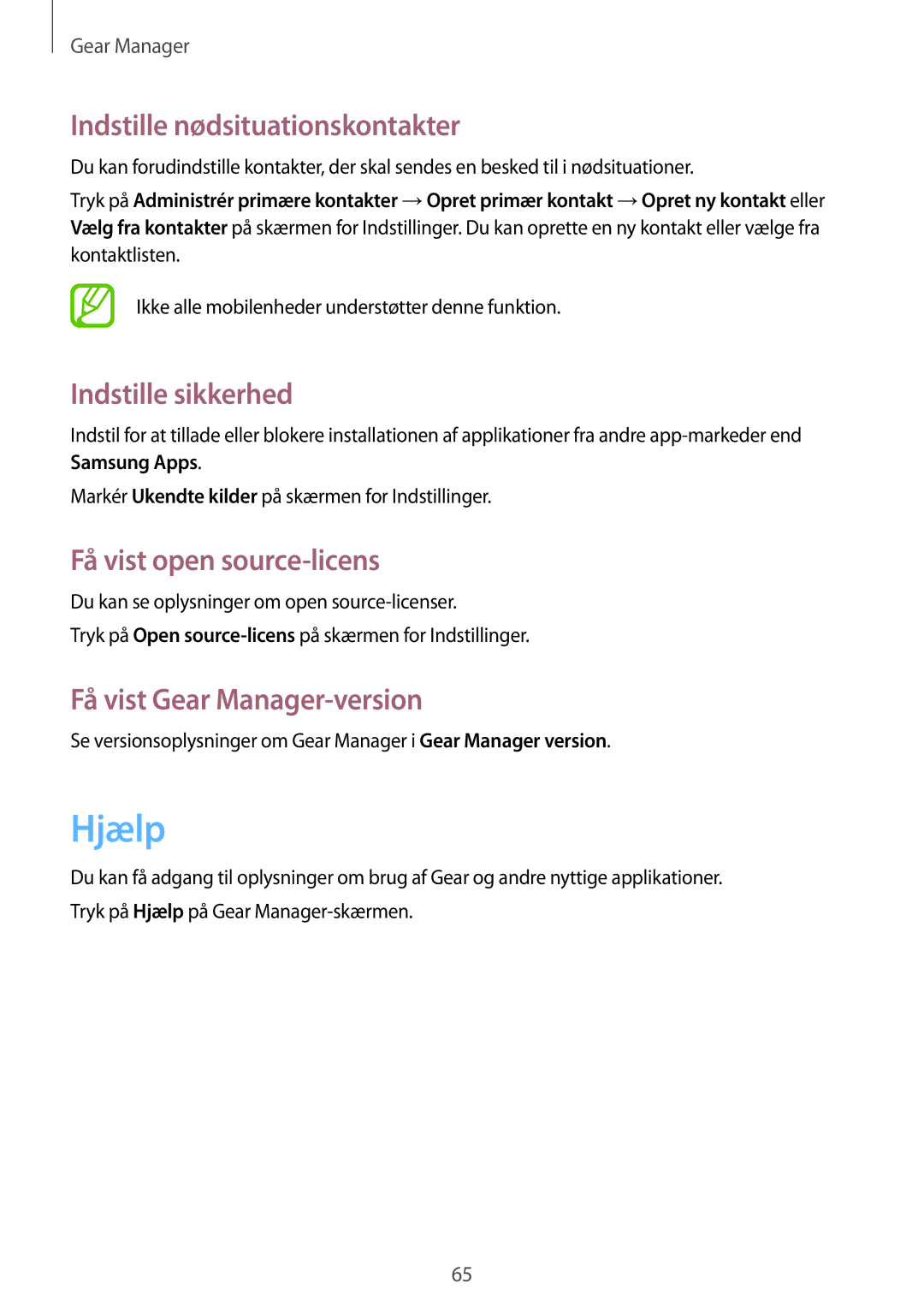 Samsung SM-V7000ZGANEE manual Hjælp, Indstille nødsituationskontakter, Indstille sikkerhed, Få vist open source-licens 