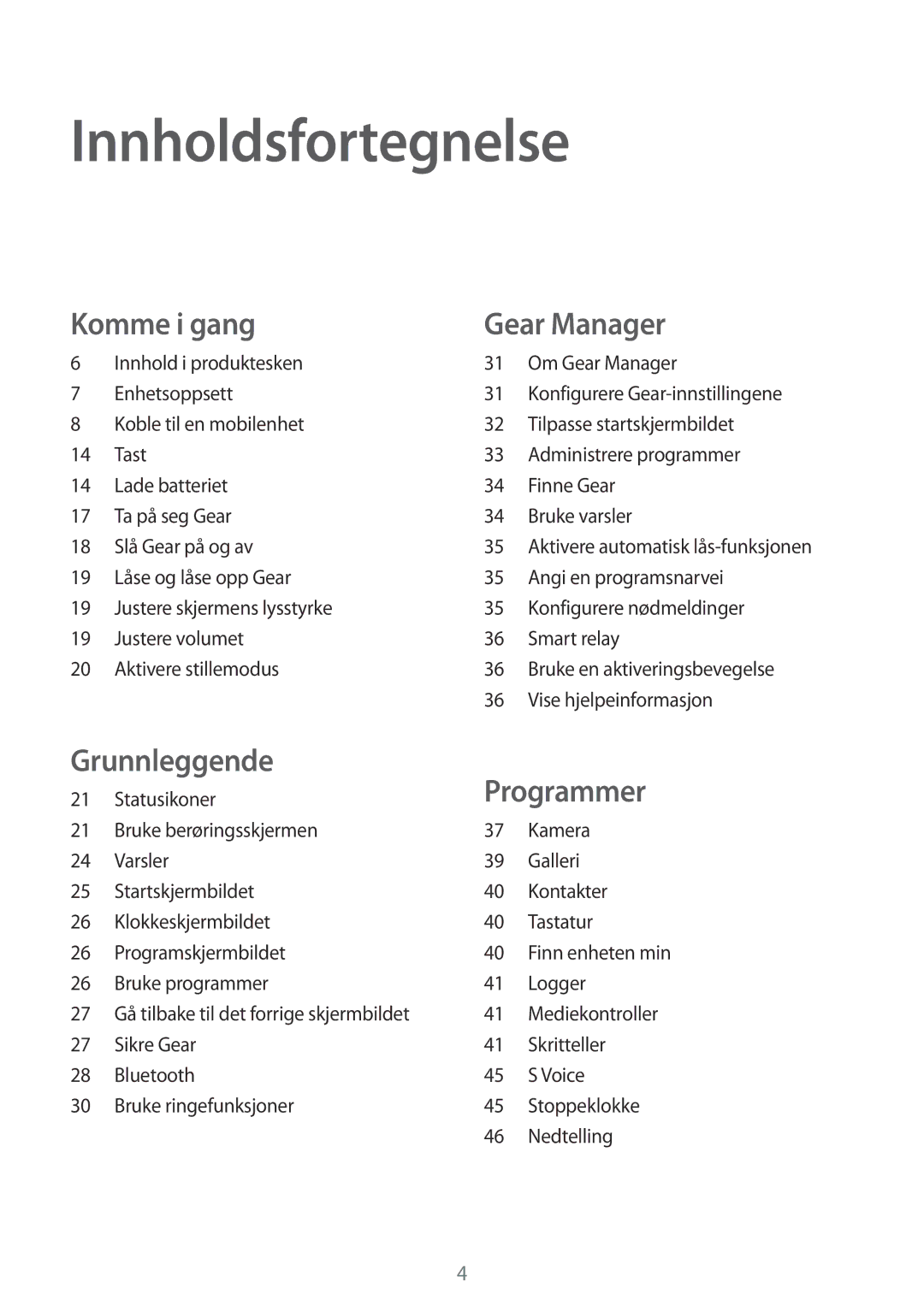 Samsung SM-V7000ZKANEE, SM-V7000ZWANEE, SM-V7000ZAANEE, SM-V7000WDANEE manual Innholdsfortegnelse, Komme i gang Gear Manager 