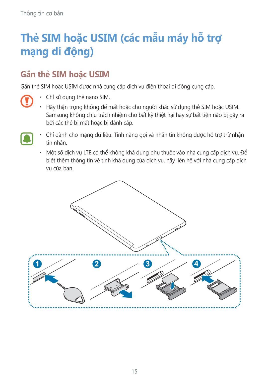 Samsung SM-W620NZKAXXV manual Thẻ SIM hoặc Usim các mẫu máy hỗ trợ mạng di động, Gắn thẻ SIM hoặc Usim 