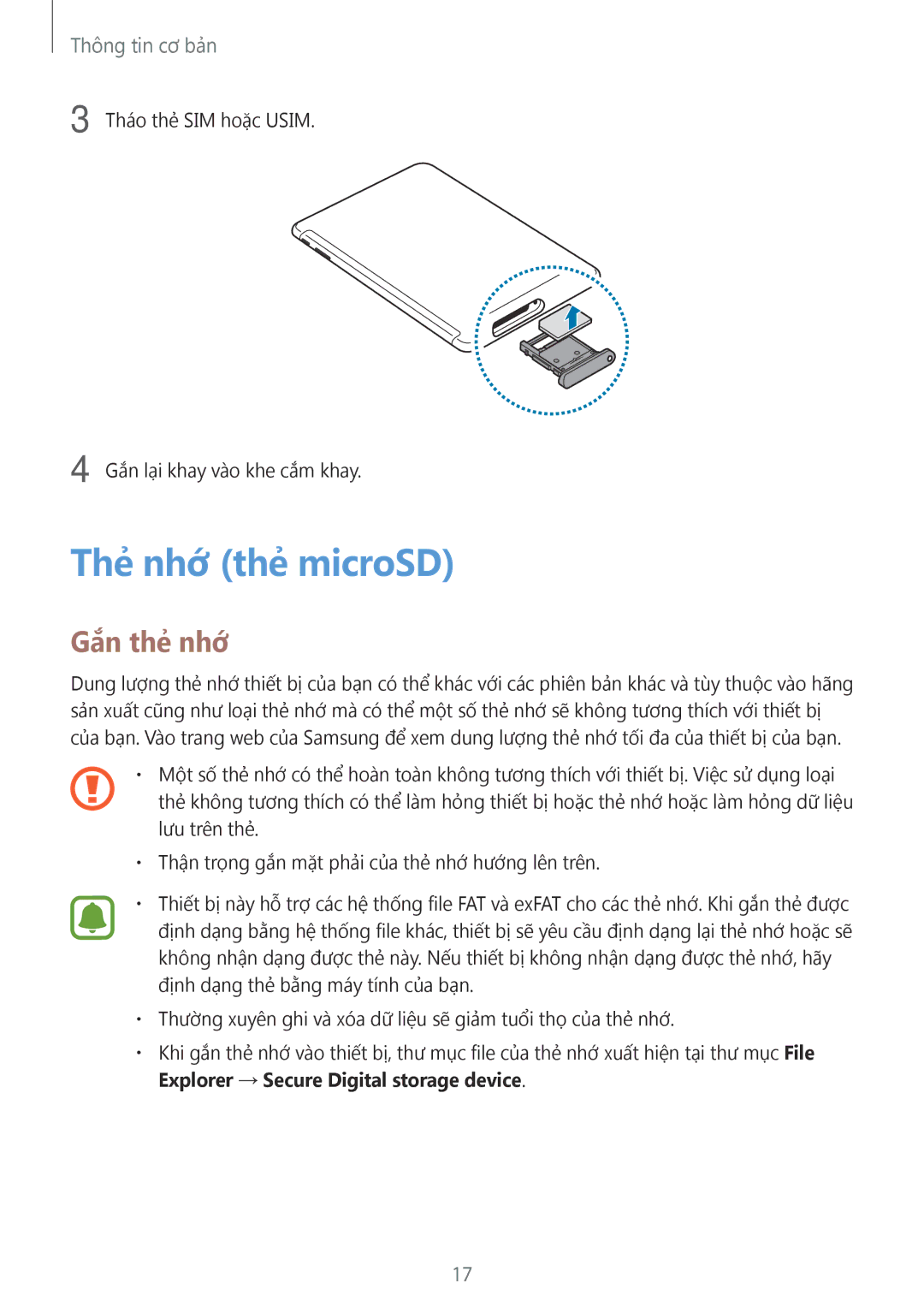 Samsung SM-W620NZKAXXV manual Thẻ nhớ thẻ microSD, Gắn thẻ nhớ 