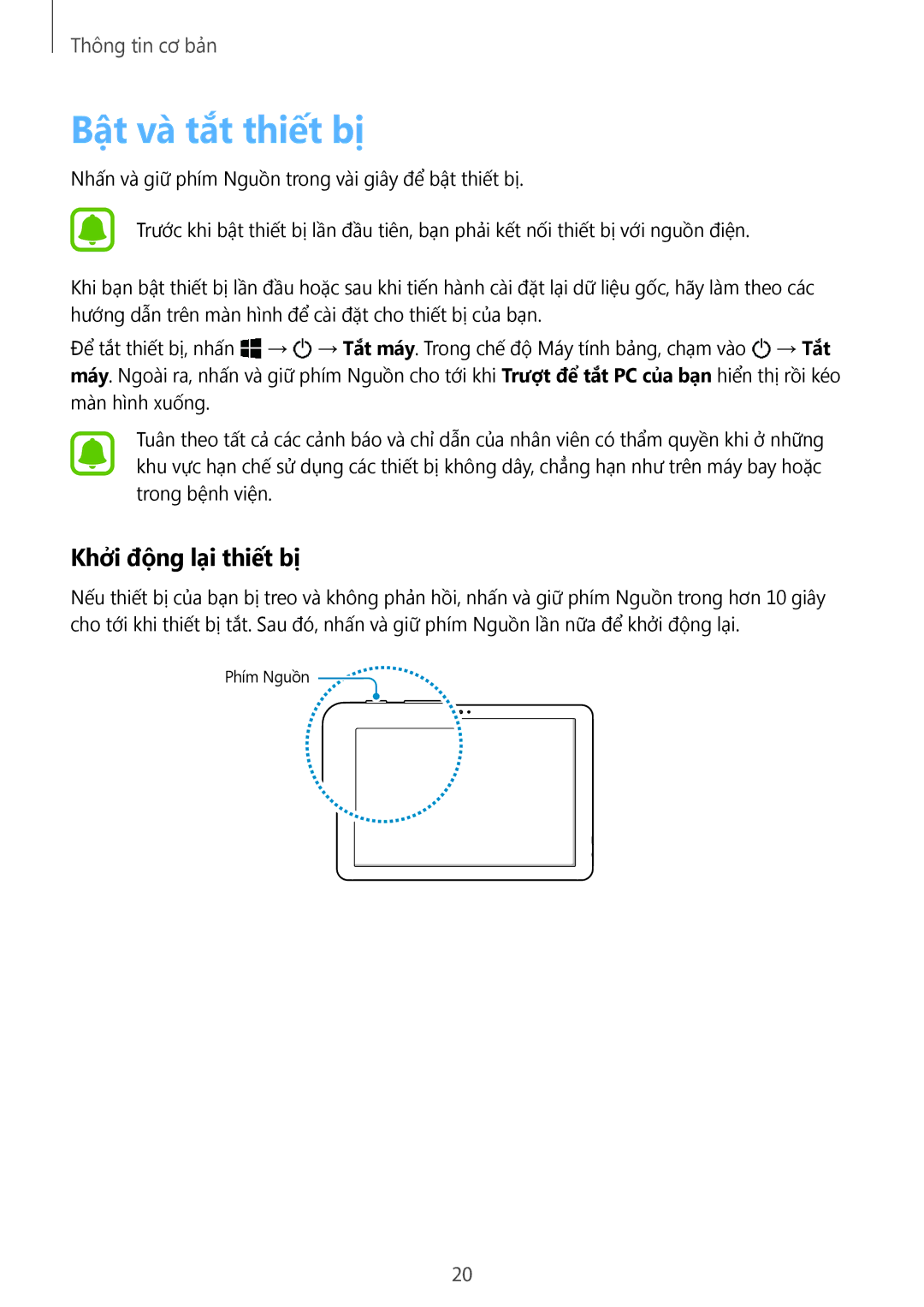 Samsung SM-W620NZKAXXV manual Bật và tắt thiết bị, Khở̉i động lại thiết bị 