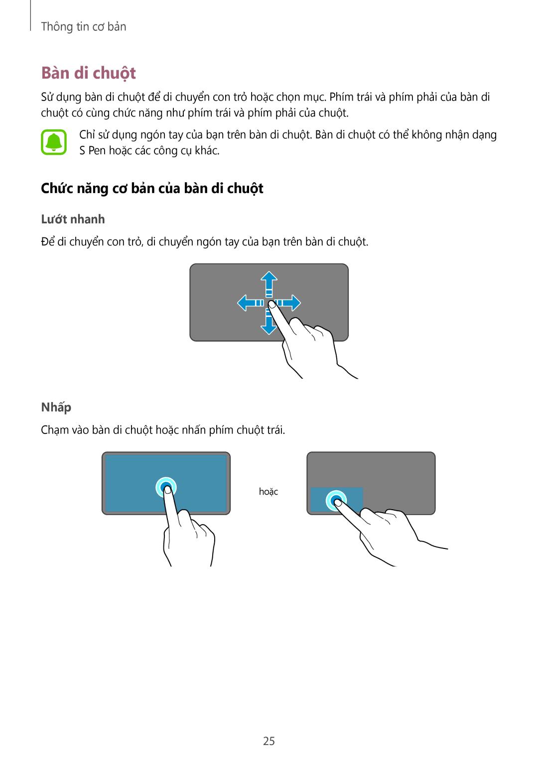 Samsung SM-W620NZKAXXV manual Bàn di chuột, Chức năng cơ bản củ̉a bàn di chuột 