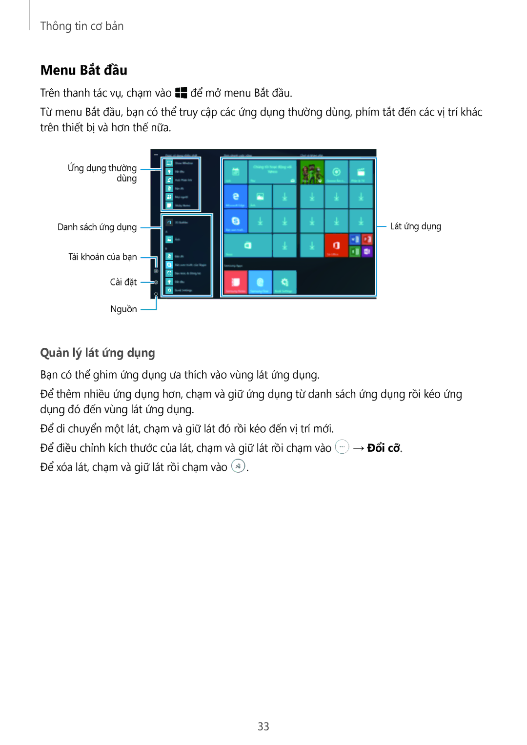 Samsung SM-W620NZKAXXV manual Menu Bắt đầu, Quản lý lát ứng dụng 