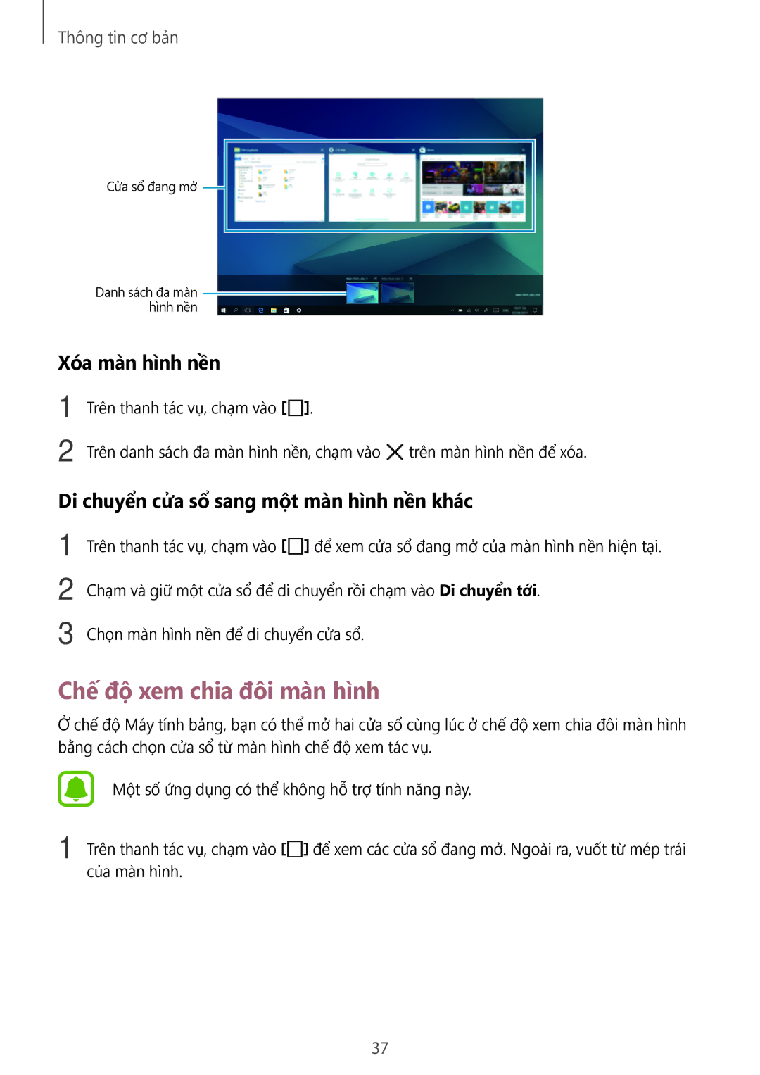 Samsung SM-W620NZKAXXV manual Chế độ xem chia đôi màn hình, Xóa màn hình nền, Di chuyển cửa sổ̉ sang một màn hình nền khác 