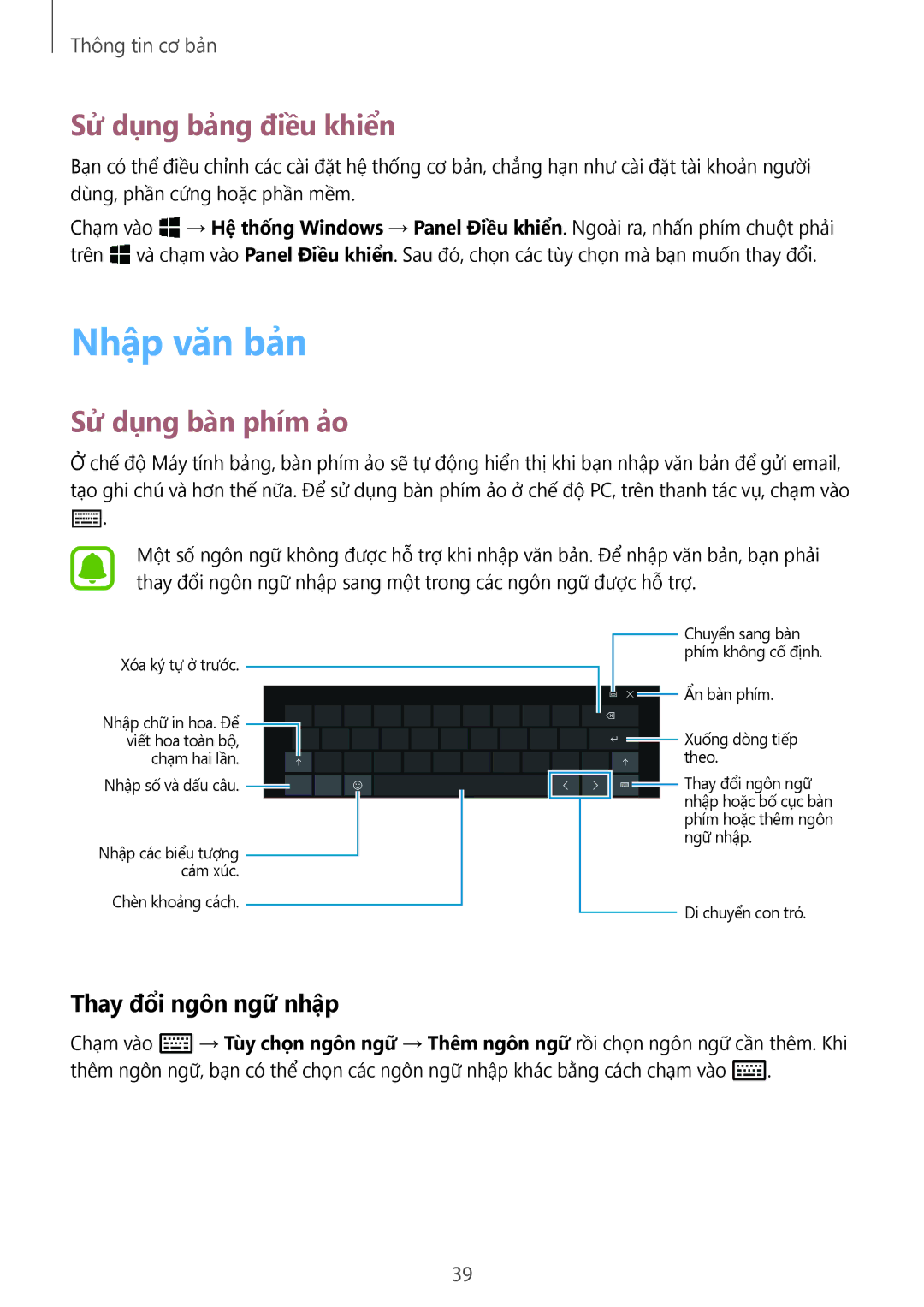 Samsung SM-W620NZKAXXV manual Nhập văn bản, Sử dụng bảng điều khiển, Sử dụng bàn phím ảo, Thay đổ̉i ngôn ngữ nhập 