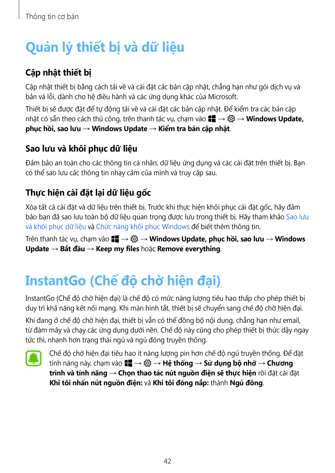 Samsung SM-W620NZKAXXV manual Quản lý thiết bị và dữ liệu, InstantGo Chế độ chờ hiện đại, Cập nhật thiết bị 