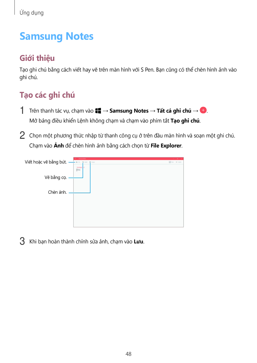 Samsung SM-W620NZKAXXV manual Samsung Notes, Tạo các ghi chú 