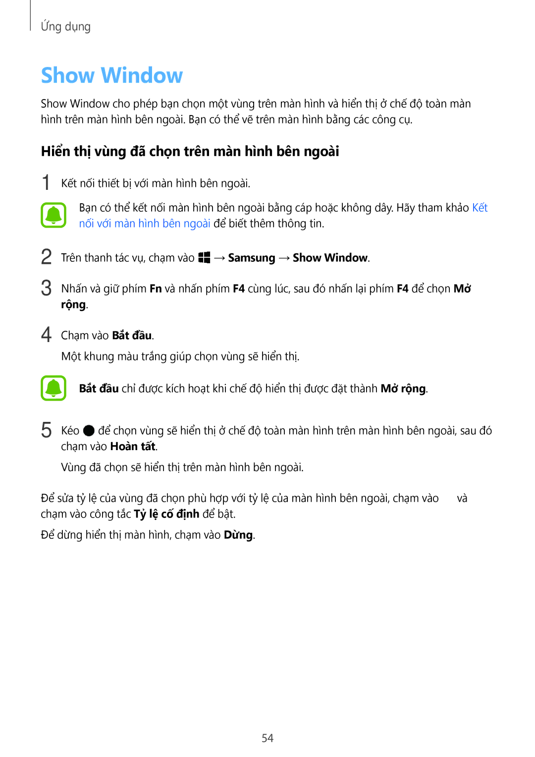 Samsung SM-W620NZKAXXV manual Show Window, Hiển thị vù̀ng đã chọn trên màn hình bên ngoài 