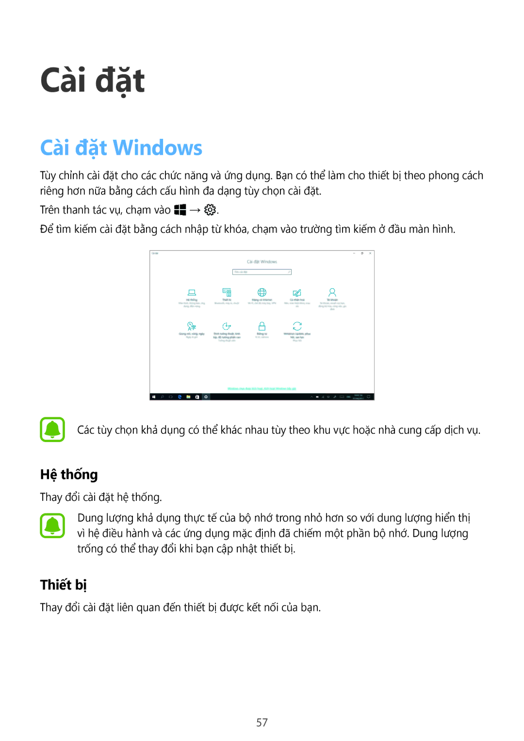 Samsung SM-W620NZKAXXV manual Cài đặt Windows, Hệ thống, Thiết bị 