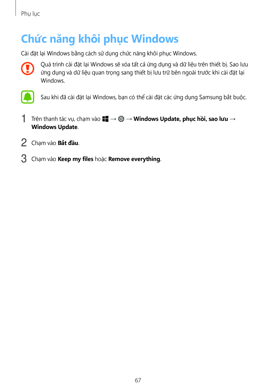 Samsung SM-W620NZKAXXV manual Chức năng khôi phục Windows 