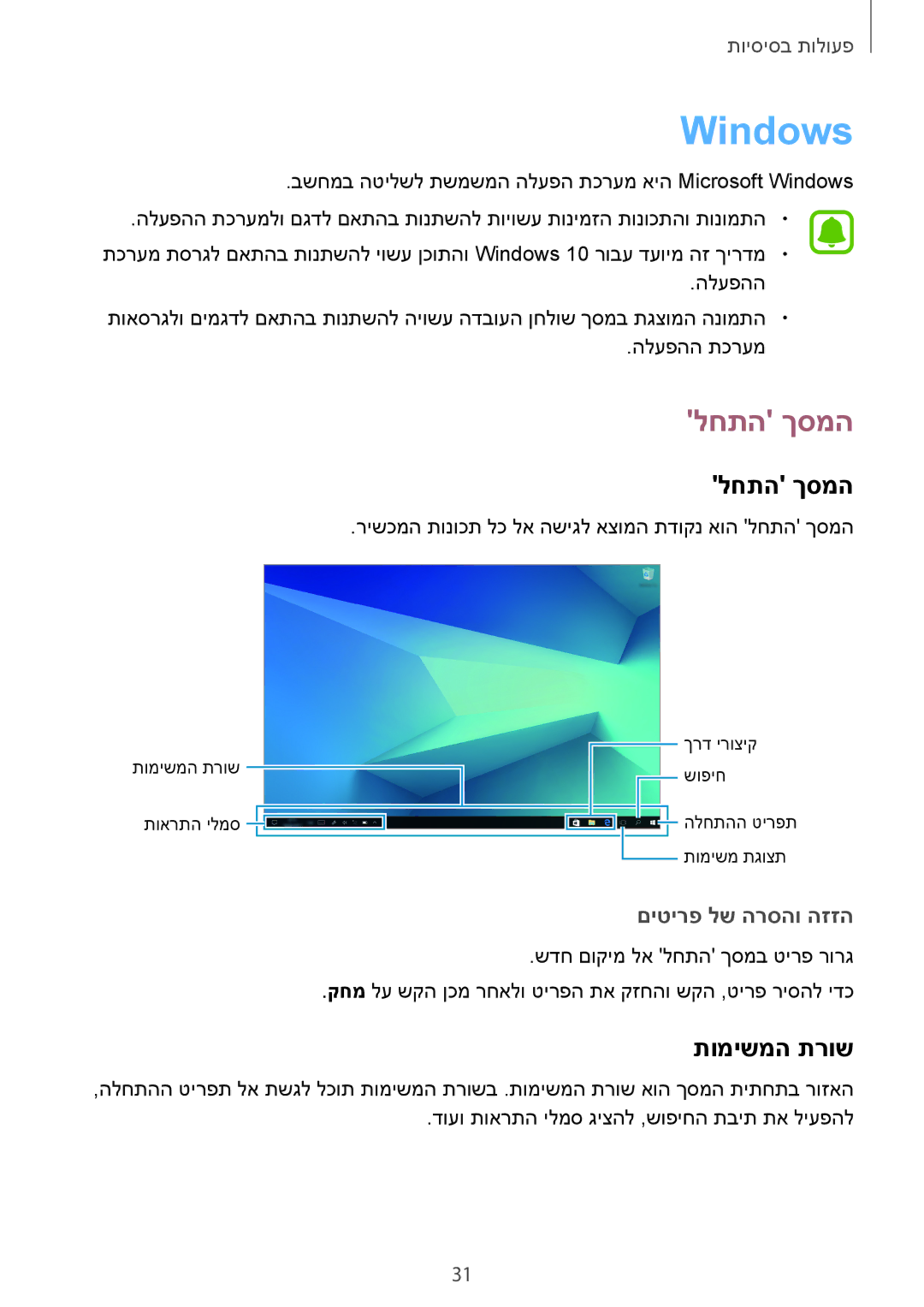 Samsung SM-W620NZKBILO manual Windows, לחתה ךסמה, תומישמה תרוש 