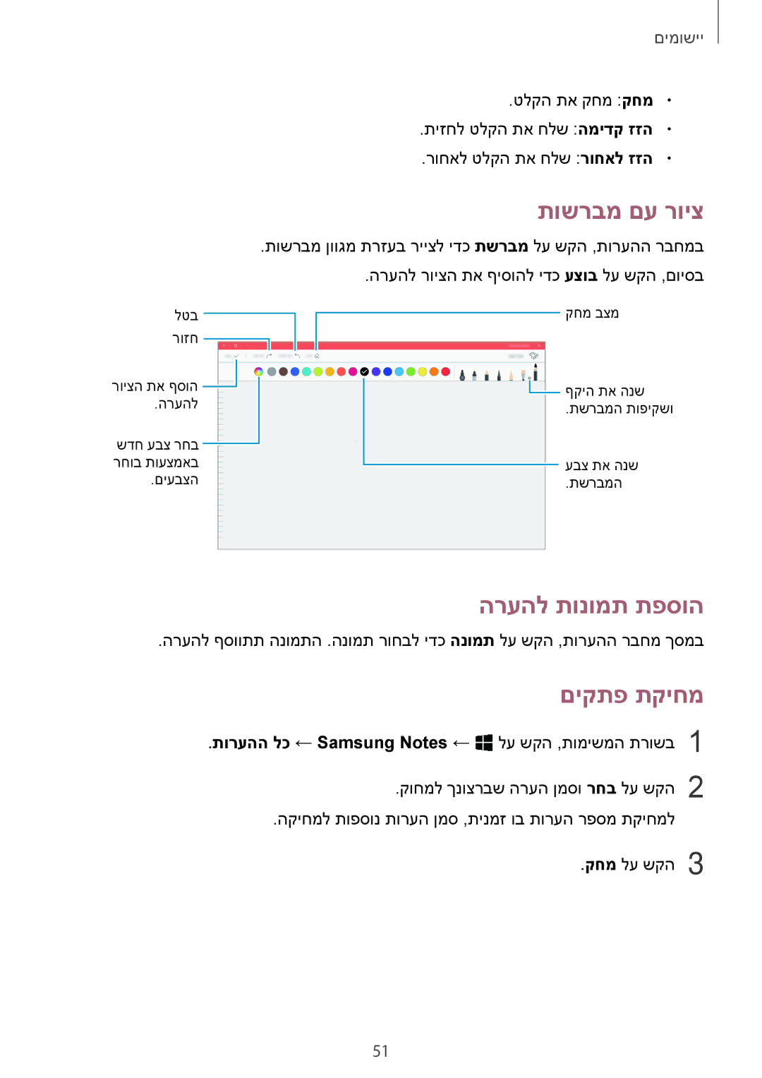 Samsung SM-W620NZKBILO manual תושרבמ םע רויצ, הרעהל תונומת תפסוה, םיקתפ תקיחמ 