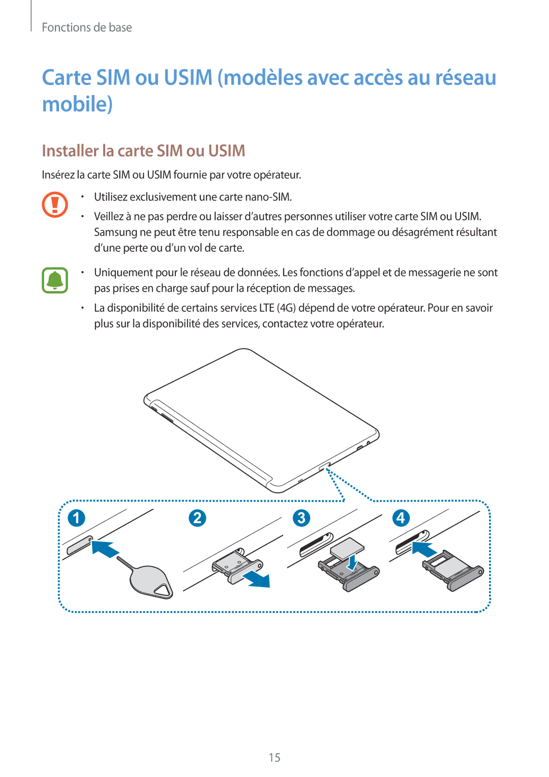 Samsung SM-W620NZKBXEF manual Carte SIM ou Usim modèles avec accès au réseau mobile, Installer la carte SIM ou Usim 