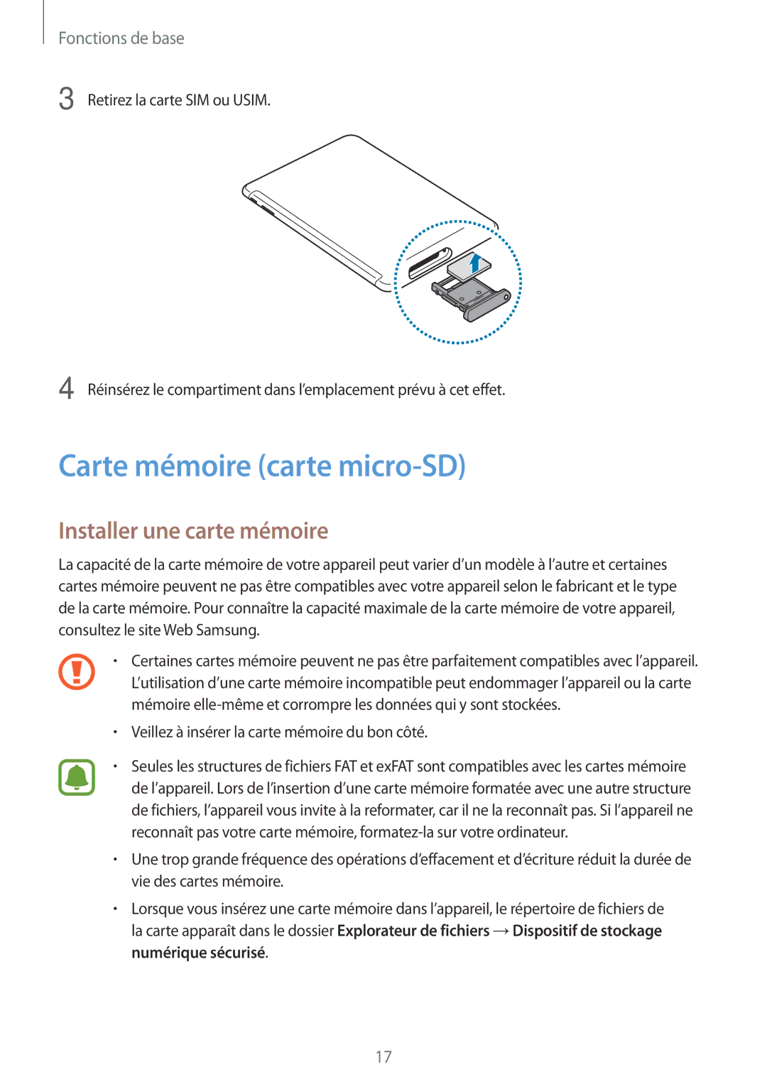 Samsung SM-W620NZKBXEF manual Carte mémoire carte micro-SD, Installer une carte mémoire 