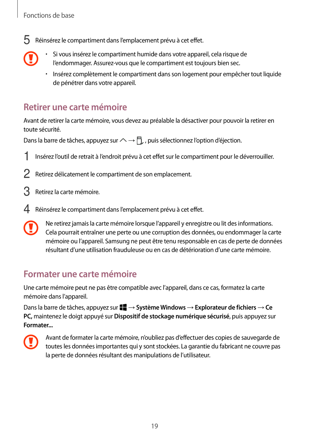 Samsung SM-W620NZKBXEF manual Retirer une carte mémoire, Formater une carte mémoire 