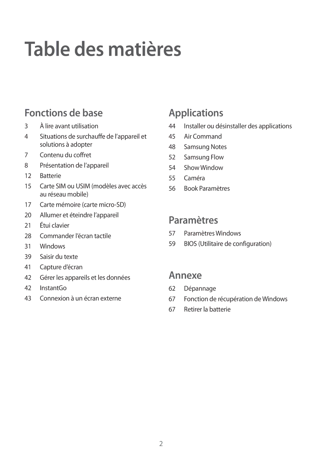 Samsung SM-W620NZKBXEF manual Table des matières 