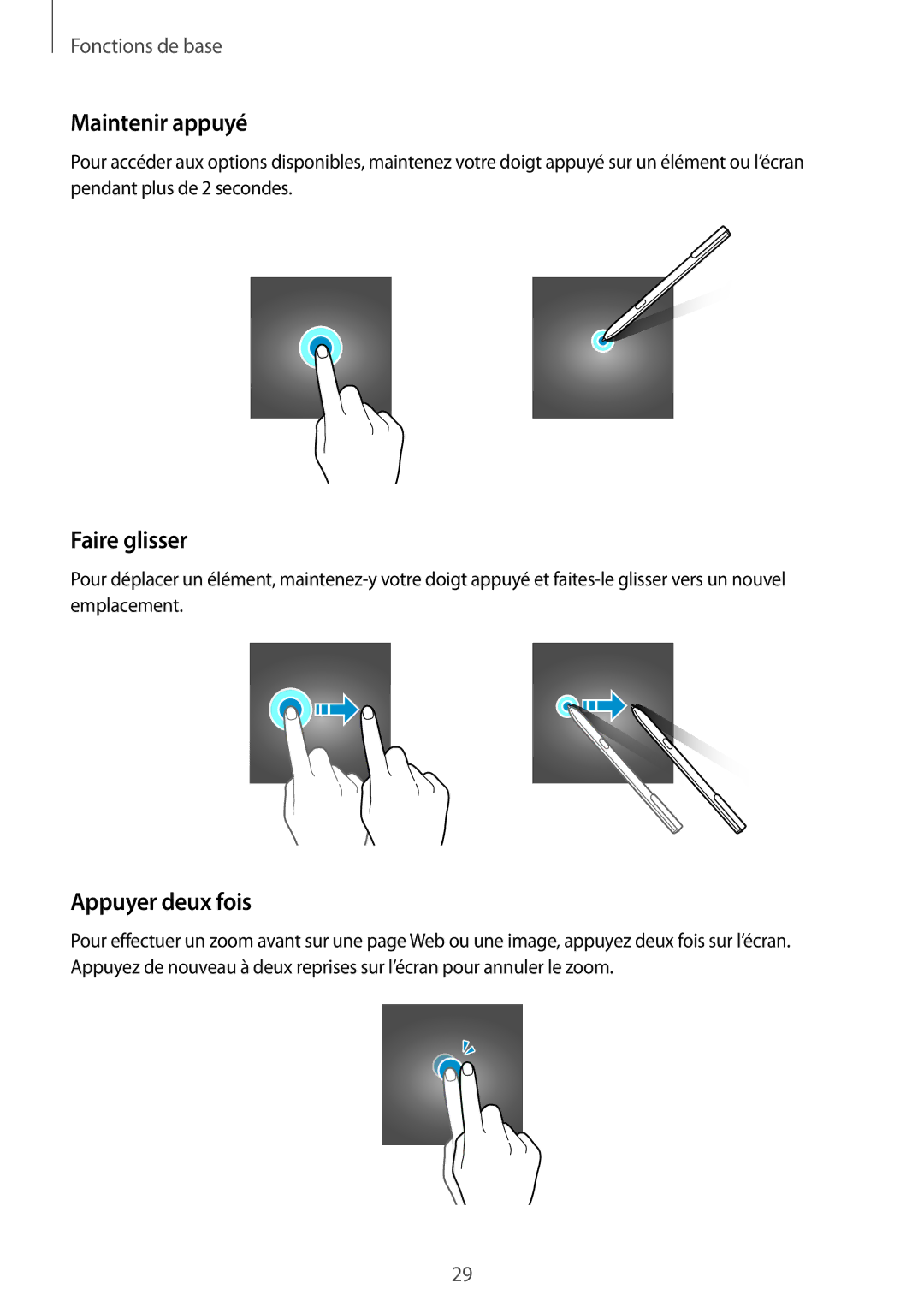 Samsung SM-W620NZKBXEF manual Maintenir appuyé, Faire glisser, Appuyer deux fois 