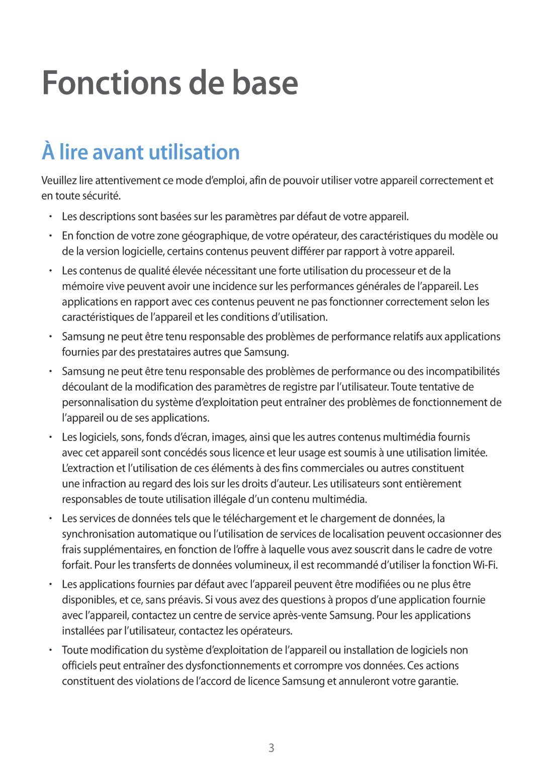 Samsung SM-W620NZKBXEF manual Fonctions de base, Lire avant utilisation 