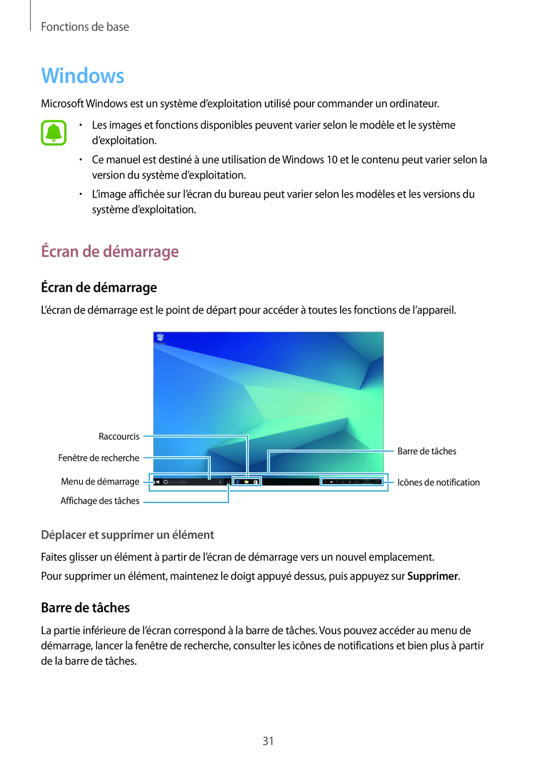 Samsung SM-W620NZKBXEF manual Windows, Écran de démarrage, Barre de tâches 