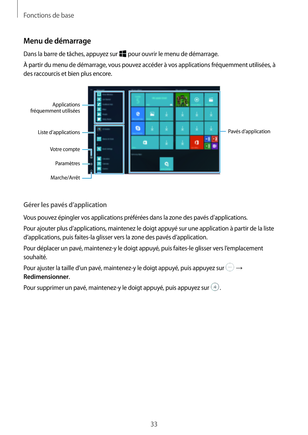 Samsung SM-W620NZKBXEF manual Menu de démarrage, Gérer les pavés d’application 