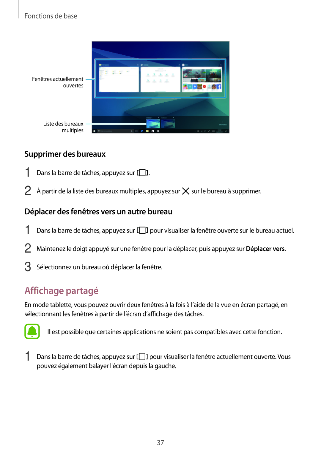 Samsung SM-W620NZKBXEF manual Affichage partagé, Supprimer des bureaux, Déplacer des fenêtres vers un autre bureau 