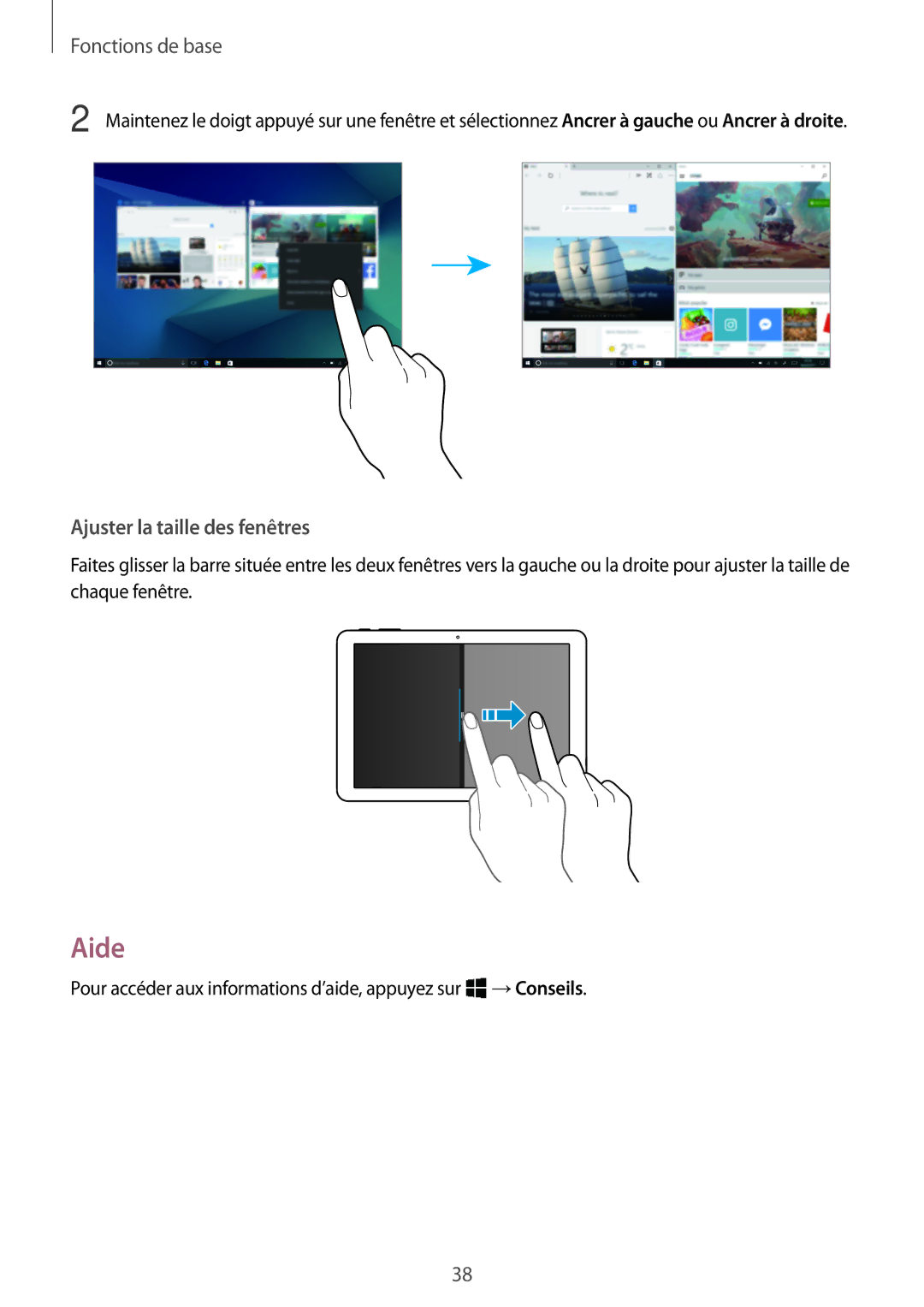 Samsung SM-W620NZKBXEF manual Aide, Ajuster la taille des fenêtres 