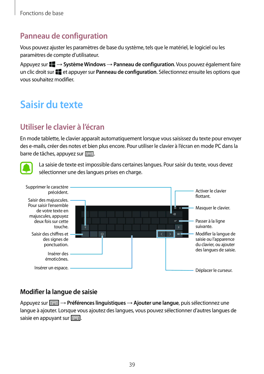 Samsung SM-W620NZKBXEF manual Saisir du texte, Panneau de configuration, Utiliser le clavier à l’écran 