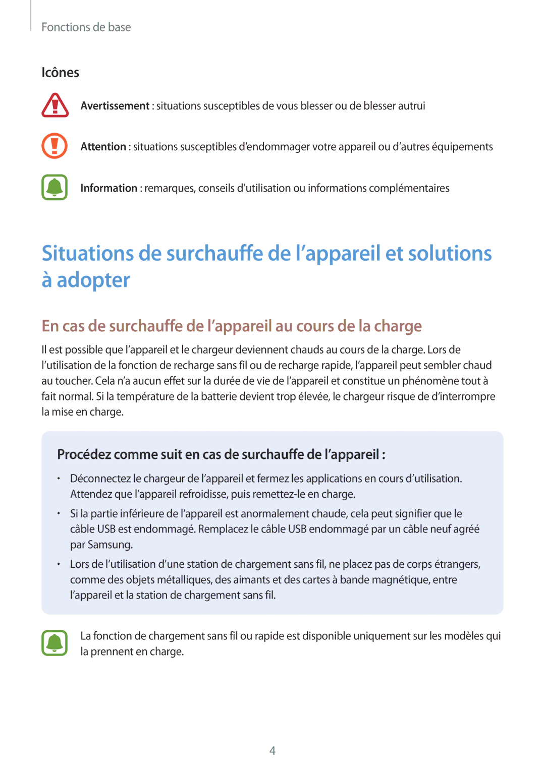 Samsung SM-W620NZKBXEF manual En cas de surchauffe de l’appareil au cours de la charge, Icônes 