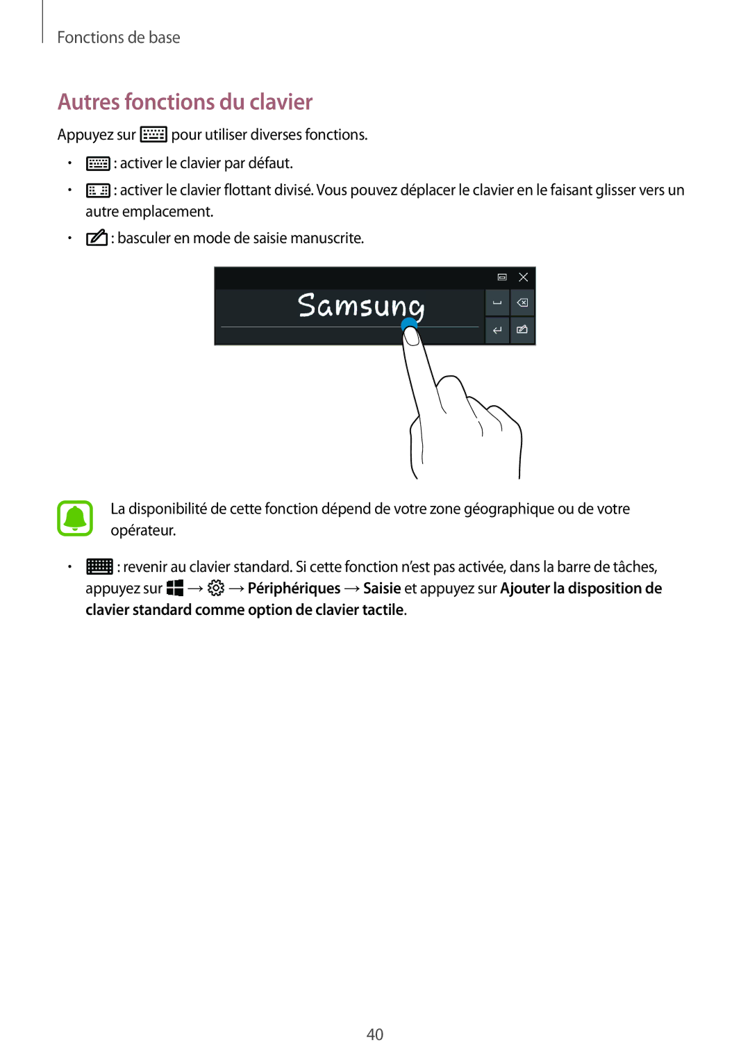 Samsung SM-W620NZKBXEF manual Autres fonctions du clavier 