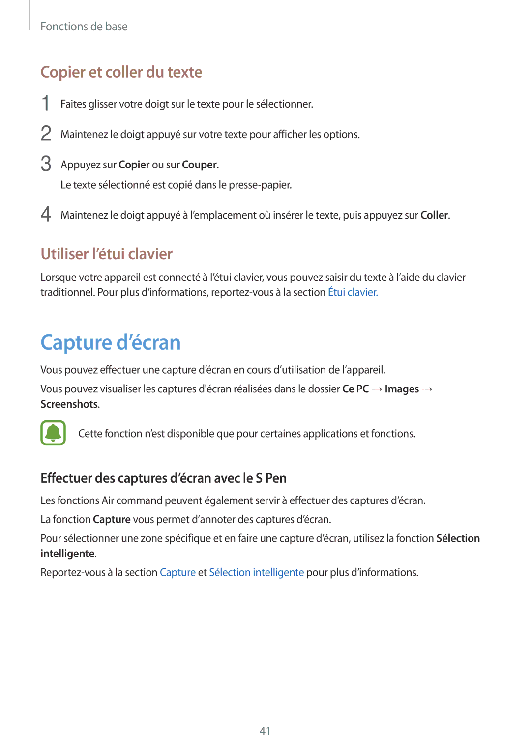 Samsung SM-W620NZKBXEF manual Capture d’écran, Copier et coller du texte, Utiliser l’étui clavier 