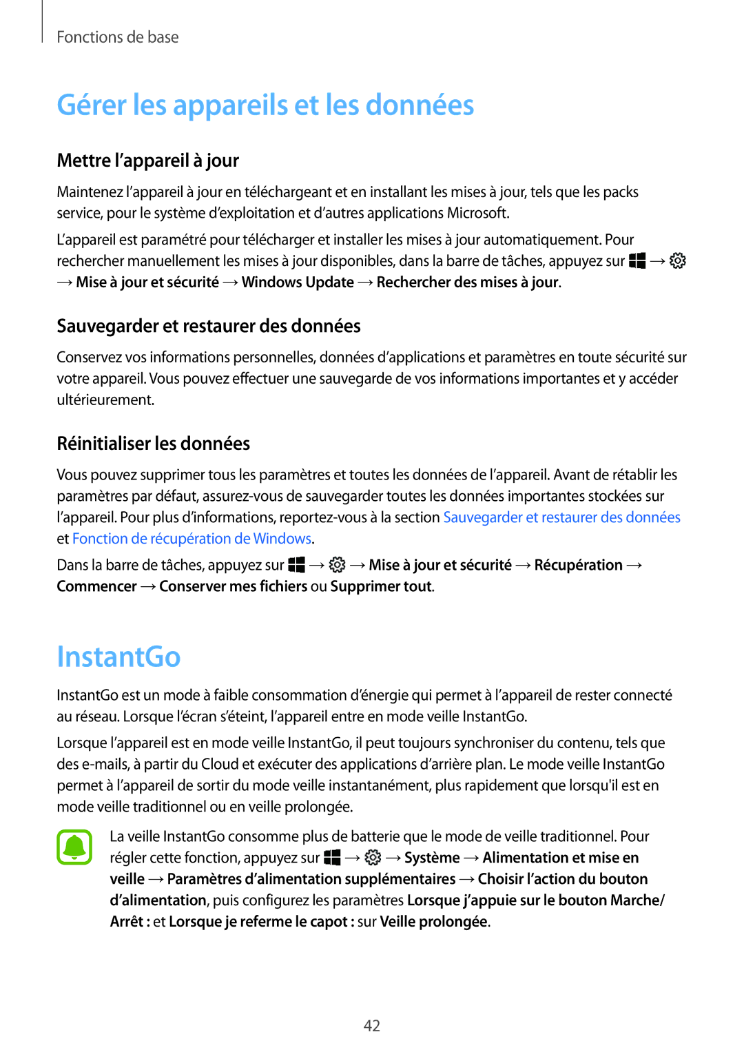Samsung SM-W620NZKBXEF Gérer les appareils et les données, InstantGo, Mettre l’appareil à jour, Réinitialiser les données 