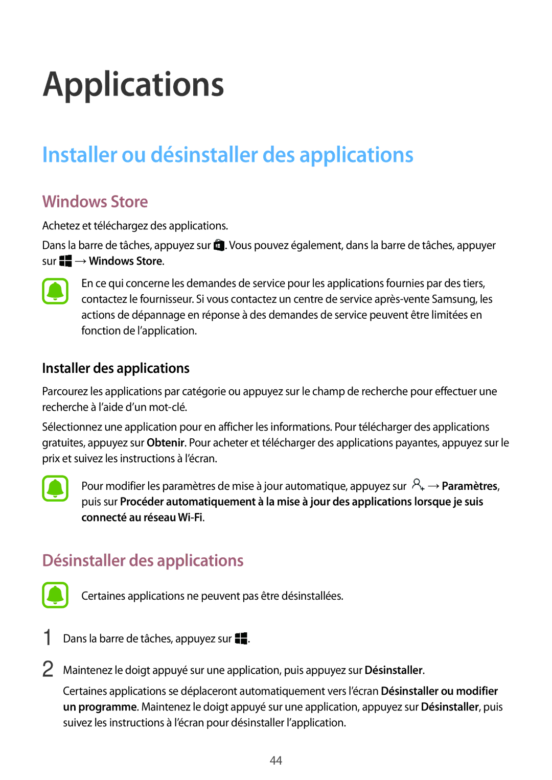 Samsung SM-W620NZKBXEF manual Installer ou désinstaller des applications, Windows Store, Désinstaller des applications 