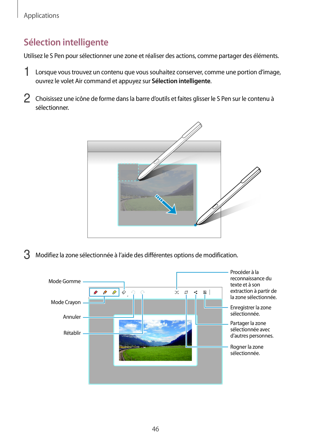 Samsung SM-W620NZKBXEF manual Sélection intelligente, Mode Gomme Mode Crayon Annuler Rétablir 