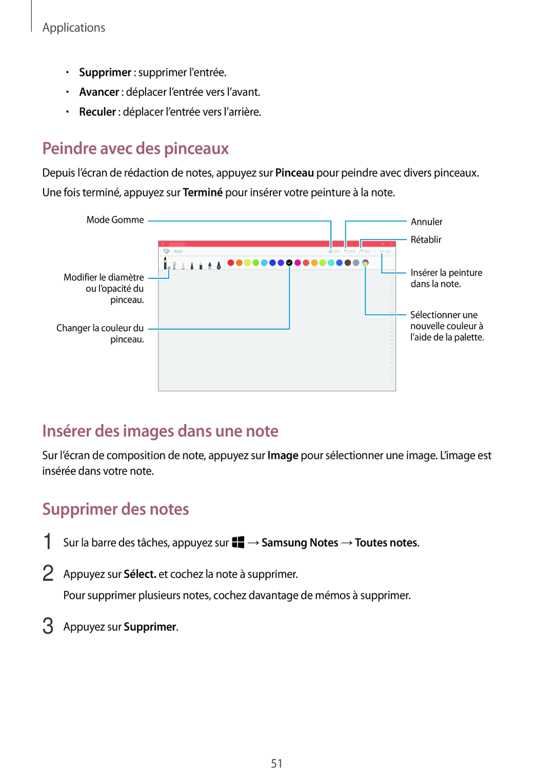 Samsung SM-W620NZKBXEF manual Peindre avec des pinceaux, Insérer des images dans une note, Supprimer des notes 