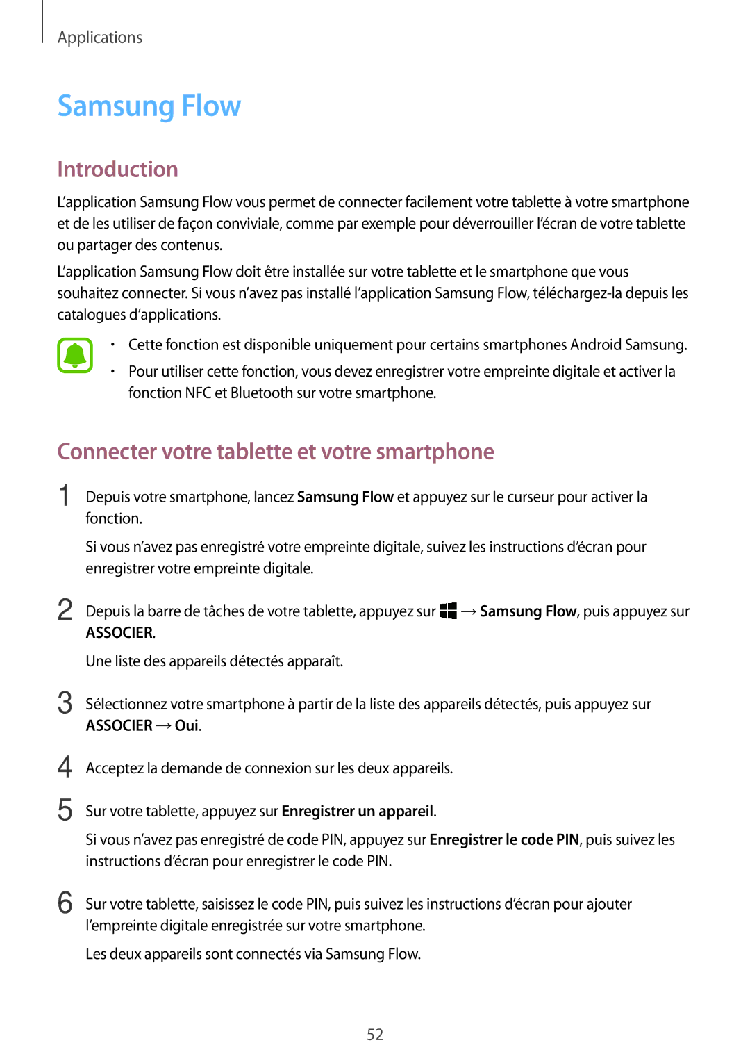 Samsung SM-W620NZKBXEF manual Samsung Flow, Connecter votre tablette et votre smartphone 