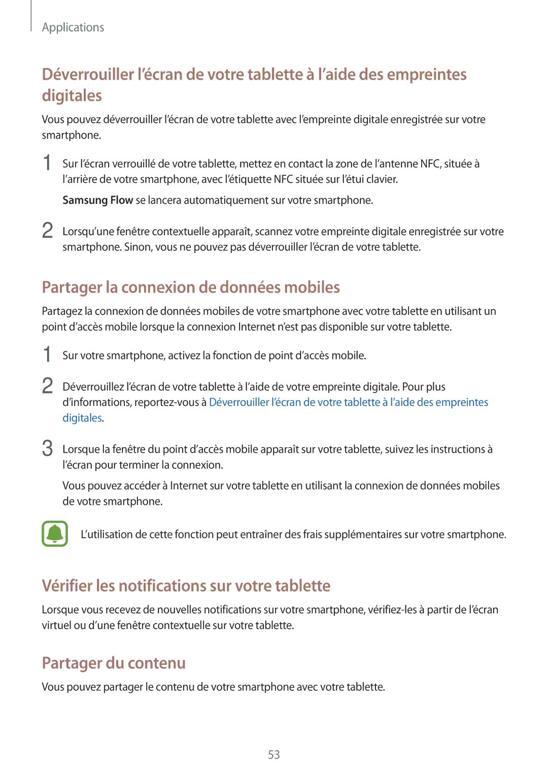 Samsung SM-W620NZKBXEF manual Partager la connexion de données mobiles, Vérifier les notifications sur votre tablette 